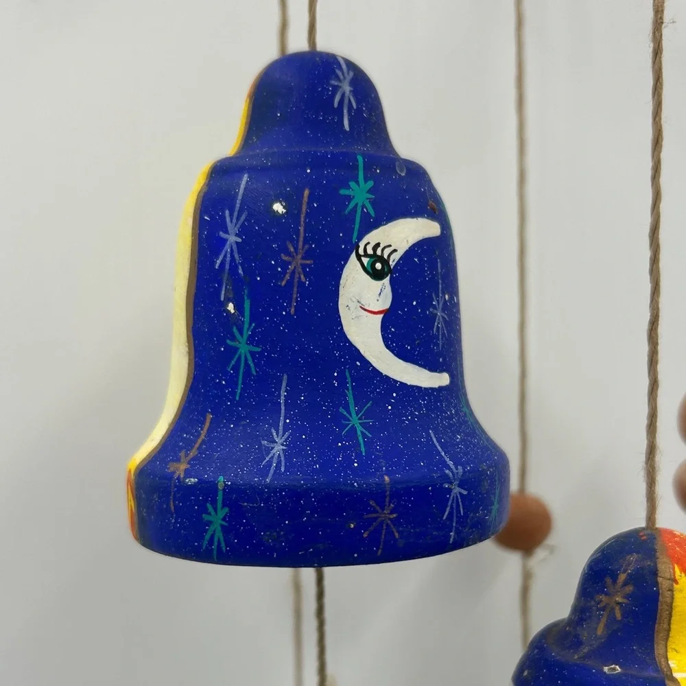 Handmade Celestial Clay Bell Wind Chime Sun Moon Star Terracotta Boho Zen Witchy